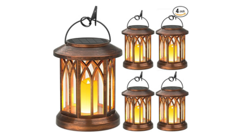 4 Pk. Outdoor Solar Lanterns; Flickering Flameless Candles